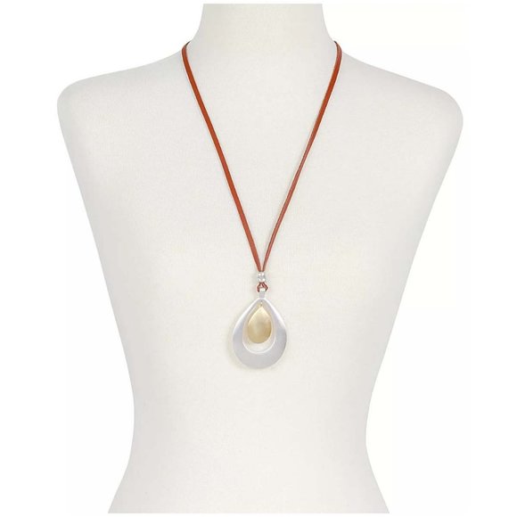 New LUCKY BRAND Two-Tone Cognac Leather Pendant Necklace - Picture 3 of 5